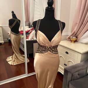 Elegant Champagne Evening Gown with Beaded Accents